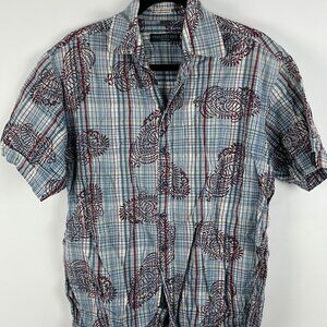 Manfred Casual Button Down Shirt Size L Blue Plaid Short Sleeve Cotton